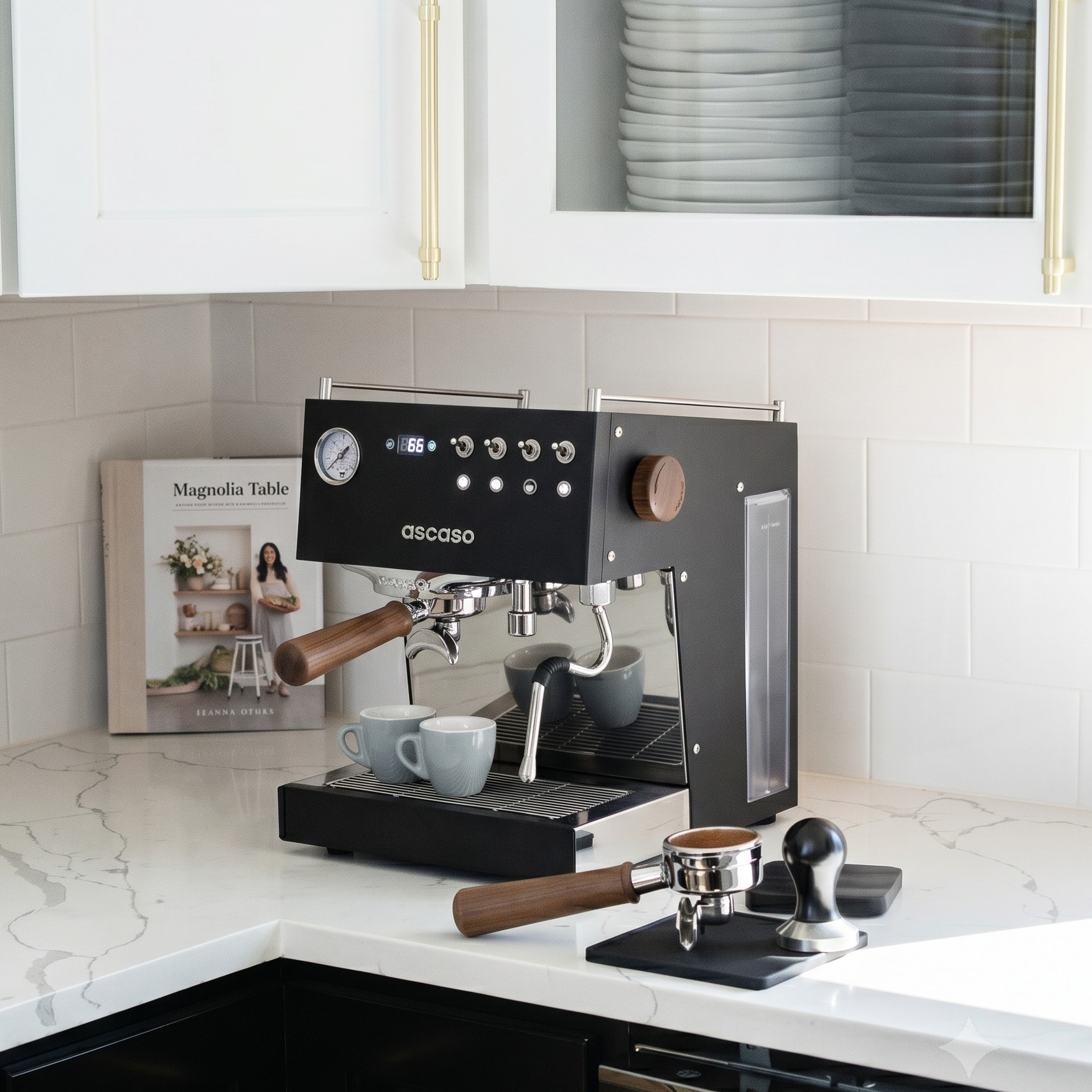 Black Ascaso espresso machine on a kitchen counter with a magazine and coffee cups.