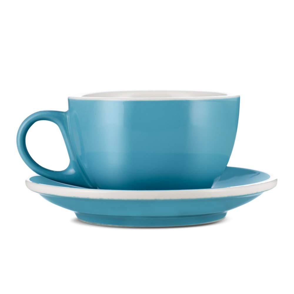 Blue Latte Coffee Mug Tea Cup Ribbed Stoneware 10 Oz, Set Of 2